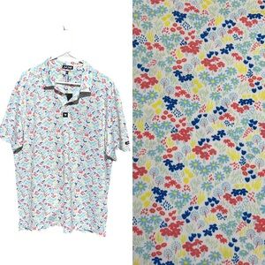 BAD BIRDIE Men XL Vacation Station Multi Floral on White Short Sleeve Golf Polo.